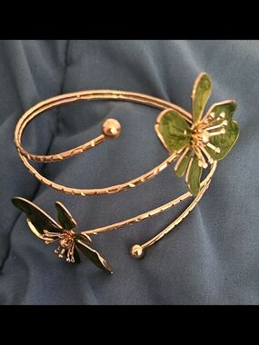 Gold-Tone Green Floral Open Cuff Bracelet